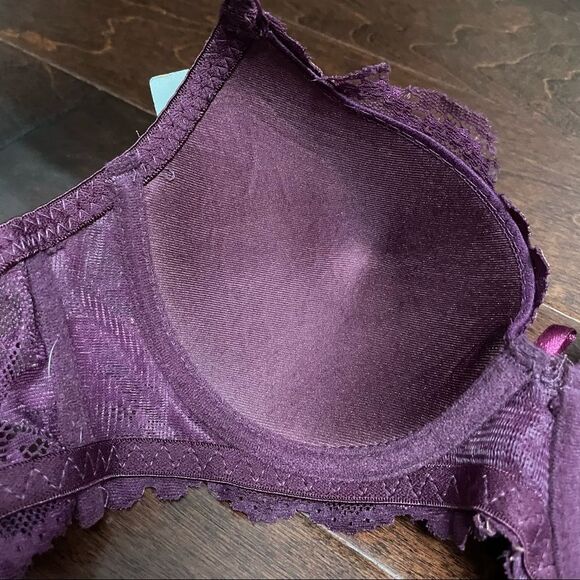 NWT Mamia Wine Colored Lace Padded Bra With Cream Stitching Detail Size 34B - Picture 9 of 11